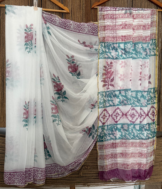 White Georgette doria handblock sari