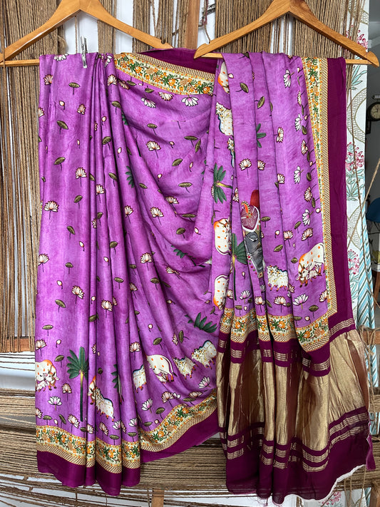 PURPLE PICHWAI MODAL SILK PATOLA PRINT SARI WITH ZARI BORDER