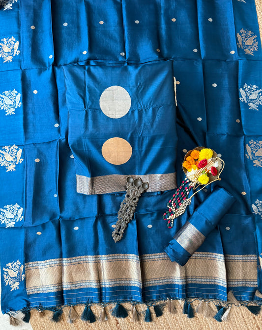 Peacock Blue Katan silk certified handloom banarsi kadwa booti three piece suit cbs-58