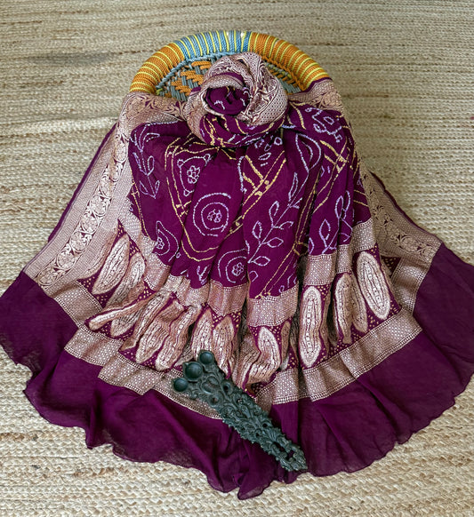 Grape Purple handwoven neemzari bareek bandhani in khaddi georgette dupatta