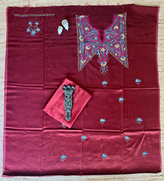 MAROON MASHRU SILK HAND EMBROIDERY KASHMIRI HANDEMBROIDERY SOZNI WORK CORD SET Cs- 30