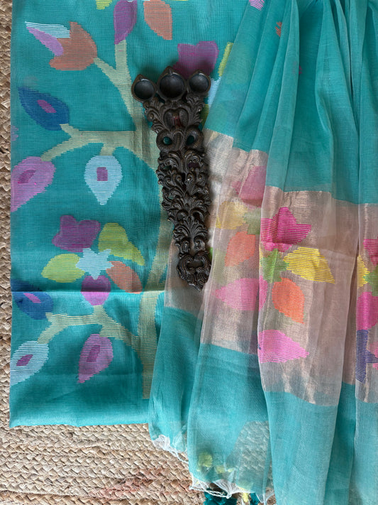 TURQUOISE BLUE HANDWOVEN JAMDANI PURE COTTON SILK KURTA SET MJK-115