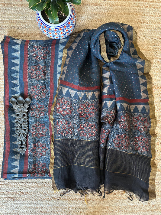 INDIGO LINEN AJRAKH SILK HANDBLOCK SUIT SET AL-107