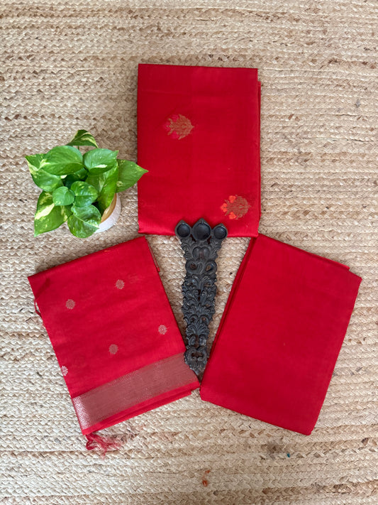Scarlet Red Chanderi handloom banarsi booti three piece suit