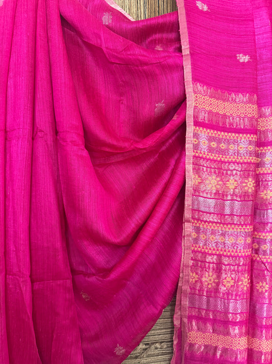 Barbie Pink jamdani handwoven pure Matka silk certified sari