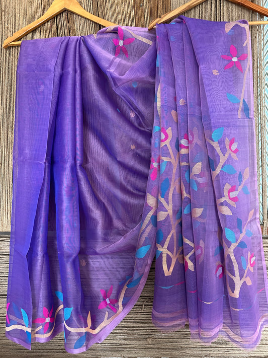 UBE PURPLE JAMDANI HANDWOVEN PURE MUSLIN SILK SARI MJS 28