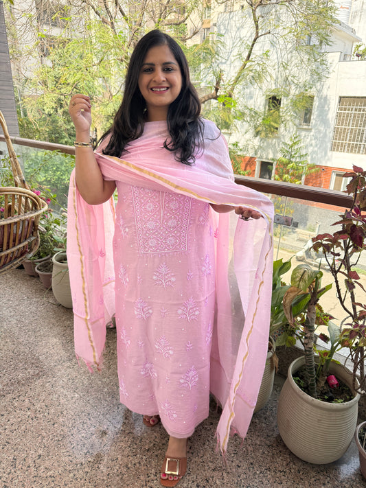 SOFT BERRY PINK PREMIUM MULL CHANDERI LUCKNOWI CHICKENKARI WITH MOTI WORK HAND EMBROIDERY THREE PIECE SUIT