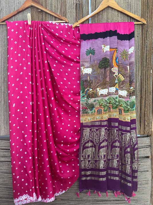 PINK MODAL SILK BANDHANI SARI WITH PICHWAI PRINT BPS 18