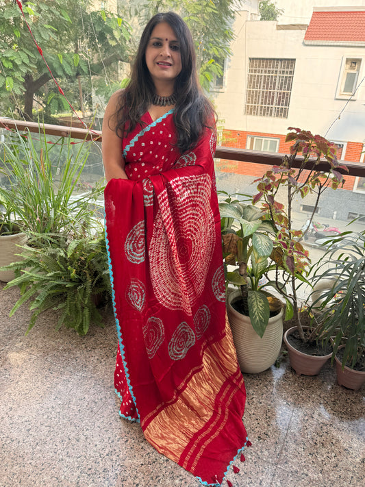 RED MODAL SILK HANDKNOTTED BANDHANI SHIBORI SARI bss-4
