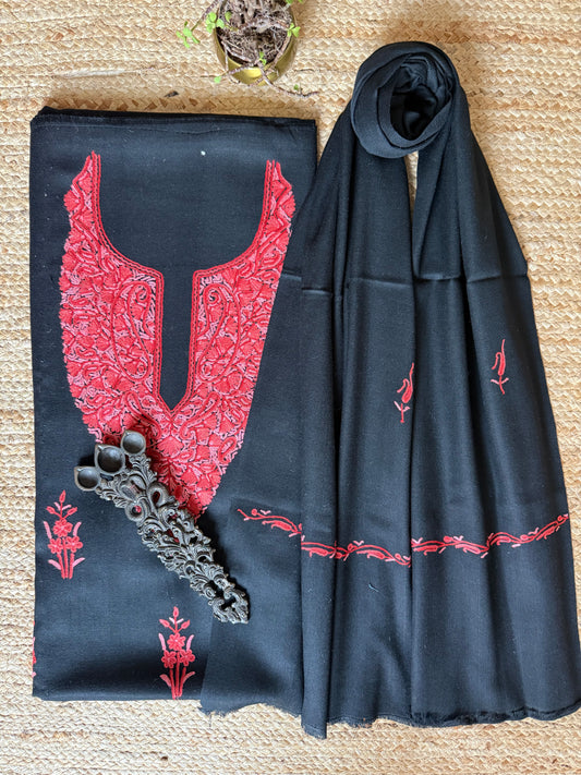BLACK THREE PIECE EMBROIDERED WORK MERINO WOOL UNSTITCHED SUIT SET WITH HAND EMBROIDERY (AARI WORK / SOZNI) WS -9