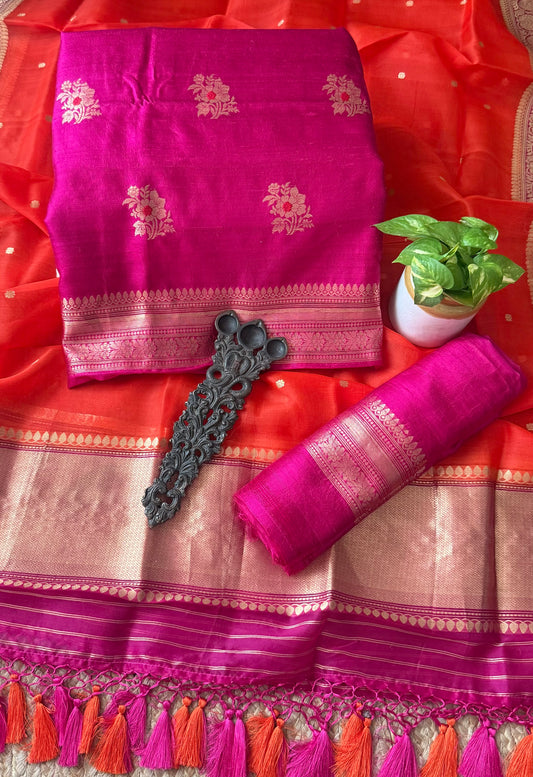 Fuchsia Pink raw silk certified handloom banarsi kadwa butti with woven zari three piece suit