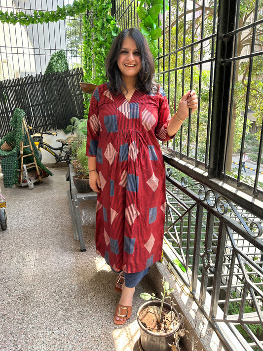 RED MAROON COTTON AJRAKH HANDCRAFTED KURTA