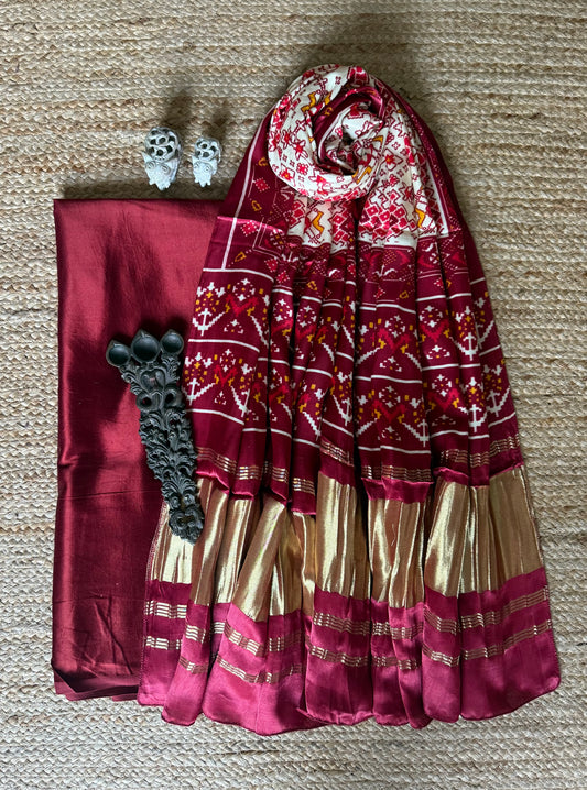 Maroon solid mashru silk kurta with patola handcrafted modal silk dupatta