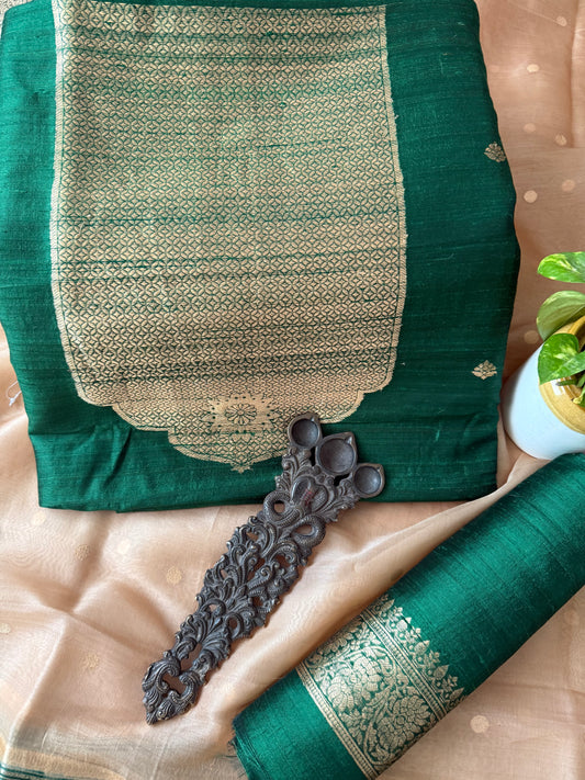 Bottle green raw silk certified handloom banarsi kadwa butti with woven zari three piece suit