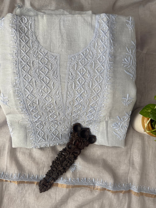 ICE BLUE PREMIUM MULL CHANDERI LUCKNOWI CHICKENKARI HAND EMBROIDERY THREE PIECE SUIT
