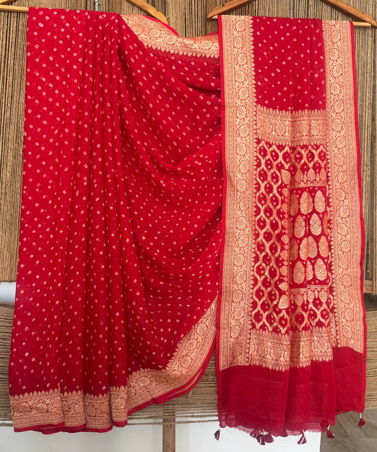 Imperial Red handwoven neem zari bareek bandhani saree with khaddi georgette