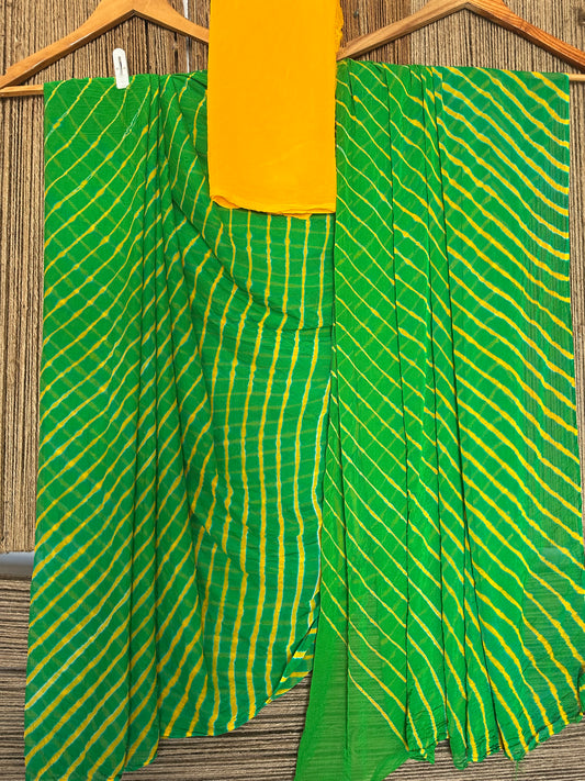 KELLY GREEN WITH CONTRAST BLOUSE LEHERIYA HANDCRAFTED CHIFFON SARI CL-10