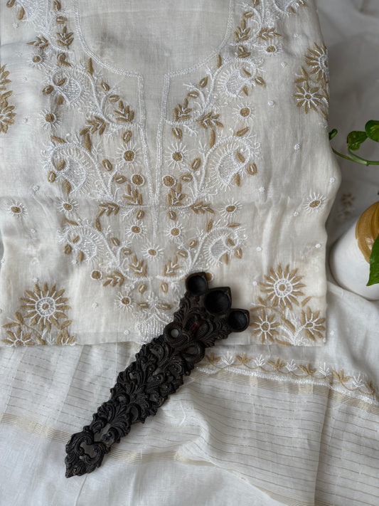 WHITE EMBROIDERY PREMIUM MULL CHANDERI LUCKNOWI CHICKENKARI WITH MOTI WORK HAND EMBROIDERY THREE PIECE SUIT