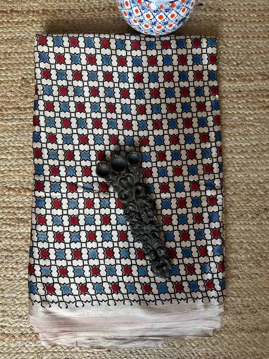 BEIGE GOLDEN MASHRU AJRAKH HANDCRAFTED SILK FABRIC