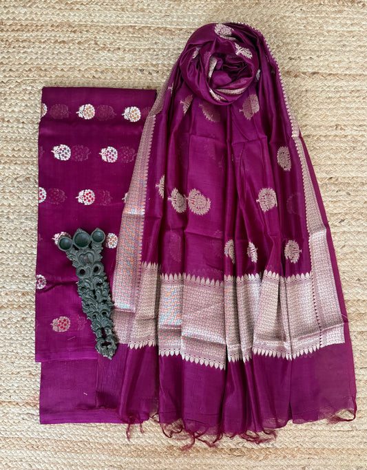 Purple chanderi handloom banarsi booti three piece suit