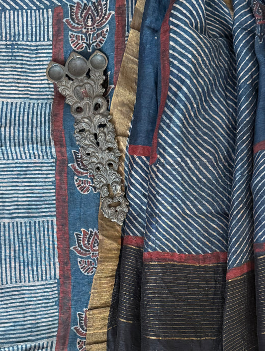 INDIGO BLUE AJRAKH BUTTA LINEN SILK HANDBLOCK SUIT SET