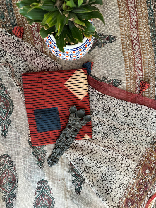 BONE GRAY & MAROON KOTA DORIA HANDBLOCK SARI