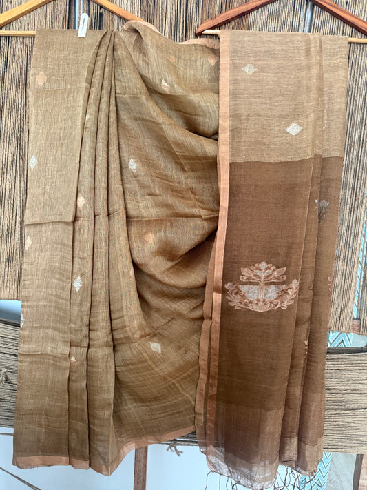 SEND BROWN COPPER TISSUE LINEN JAMDANI HANDWOVEN SARI WITH ELEGANT WOVEN MOTIFS