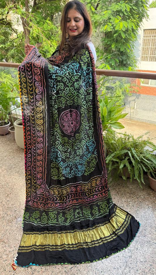 Multi rai bandhani gajji silk Handcrafted Gharchola dupatta