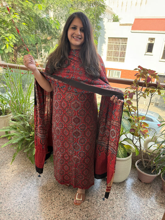 MAROON AJRAKH MODAL SILK HANDBLOCK KURTA SET