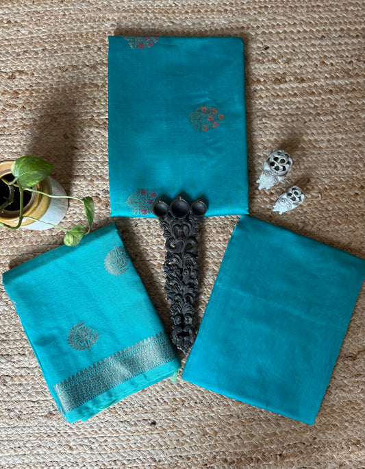 Cyan blue chanderi handloom banarsi booti three piece suit cbs-309