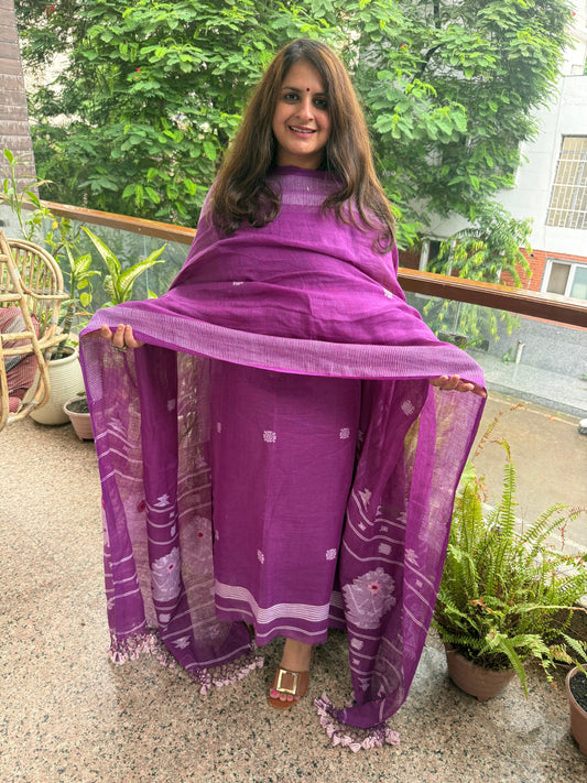 AMETHYST PURPLE PURE JAYSHREE LINEN JAMDANI HANDWOVEN KURTA SET