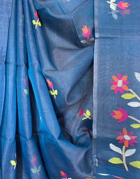 DENIM BLUE JAMDANI HANDWOVEN PURE MUSLIN SILK SARI MJS-11