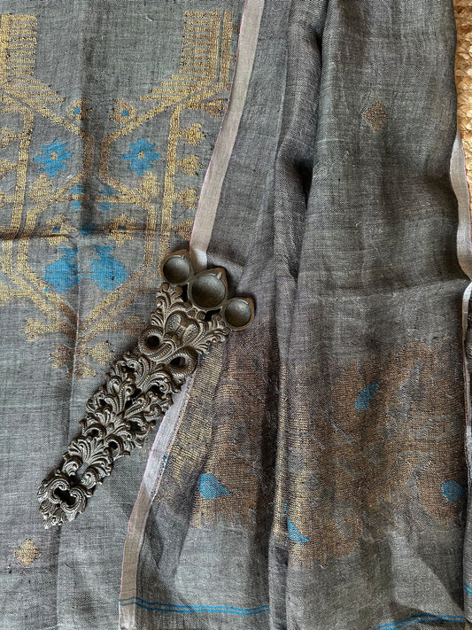 BLACK GREY JAMDANI WOVEN LINEN KURTA SET LJS- 1028