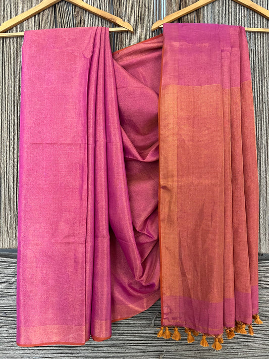 FANDANGO PINK TISSUE LINEN ZARI SARI WITH WOVEN RED BORDER TL-43