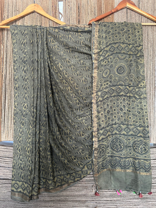 OLIVE GREEN KOTA AJRAK HANDBLOCK SARI