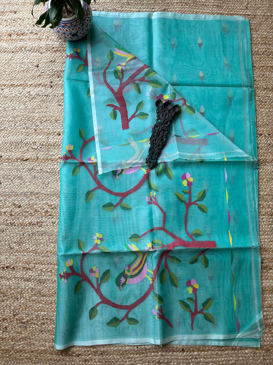 SEA GREEN JAMDANI HANDWOVEN PURE MUSLIN SILK SARI