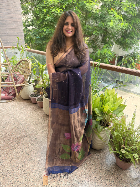 Deep Navy Blue Jamdani sequence work handwoven pure muslin silk sari With Matka Silk Blouse Piece