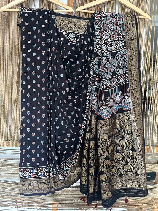 BLACK DOLA SILK AJRAKH ZARI BORDER SARI