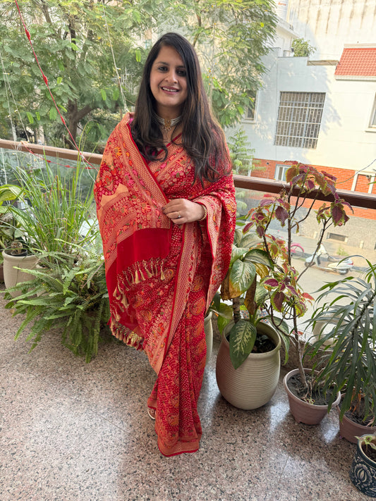 RED Handwoven Rai Bareek Bandhani Saree Meenakari Jaal with Khaddi Georgette Mks-12