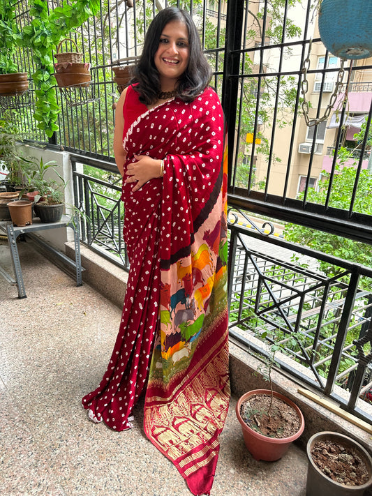 Maroon Modal silk bandhani handcrafted with Pichwai Print Sari in Nakshi Elephant Border BPS 11