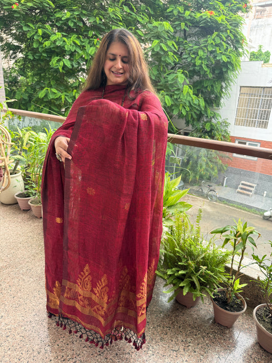 ANTIQUE MAROON LINEN ZARI JAMDANI HANDWOVEN KURTA SET