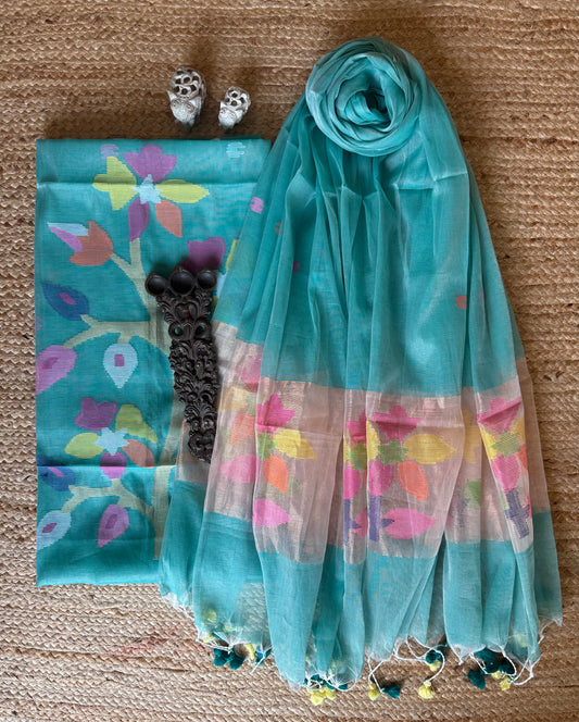 TURQUOISE BLUE HANDWOVEN JAMDANI PURE COTTON SILK KURTA SET MJK-115