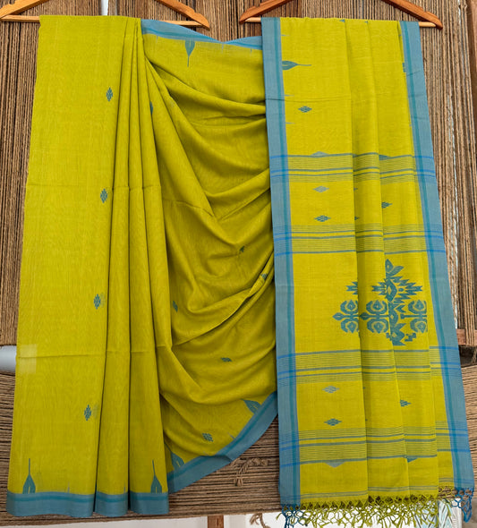 BRASS YELLOW CLASSIC AUTHENTIC HANDWOVEN JAMDANI WEAVING PURE COTTON SARI