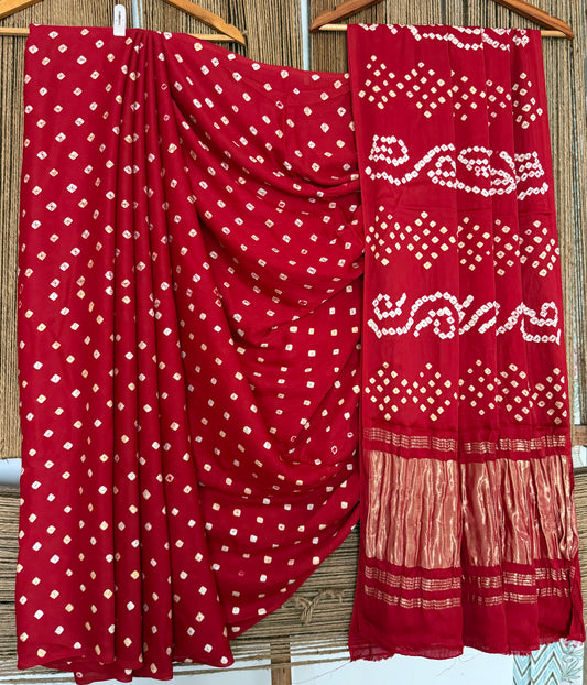 Cherry Red modal silk dot bandhani sari
