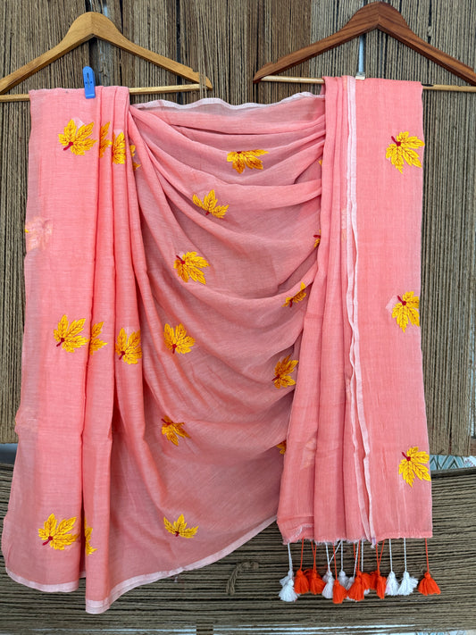 Pink peach mull embroidery handloom sari with tassels