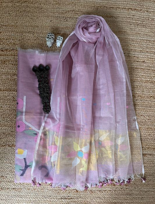 PASTEL PINK HANDWOVEN JAMDANI PURE MUSLIN SILK KURTA SET MJK-103