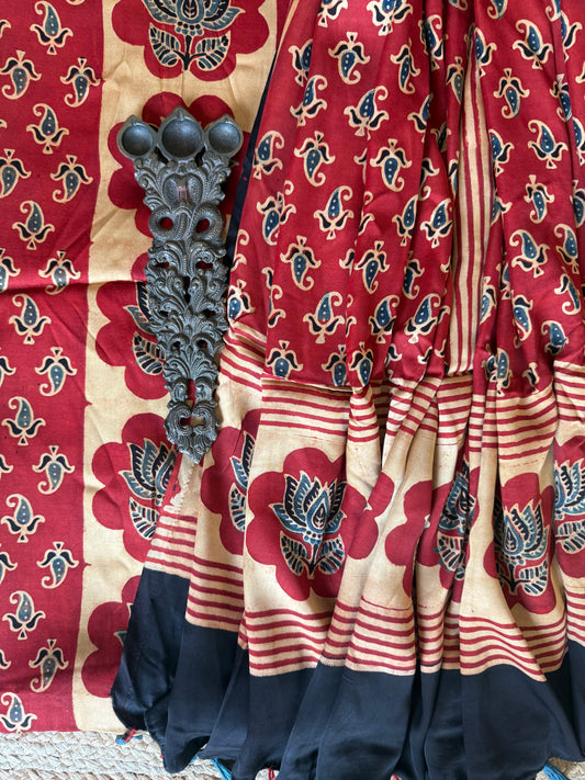 RED AJRAKH MODAL SILK HANDBLOCK KURTA SET