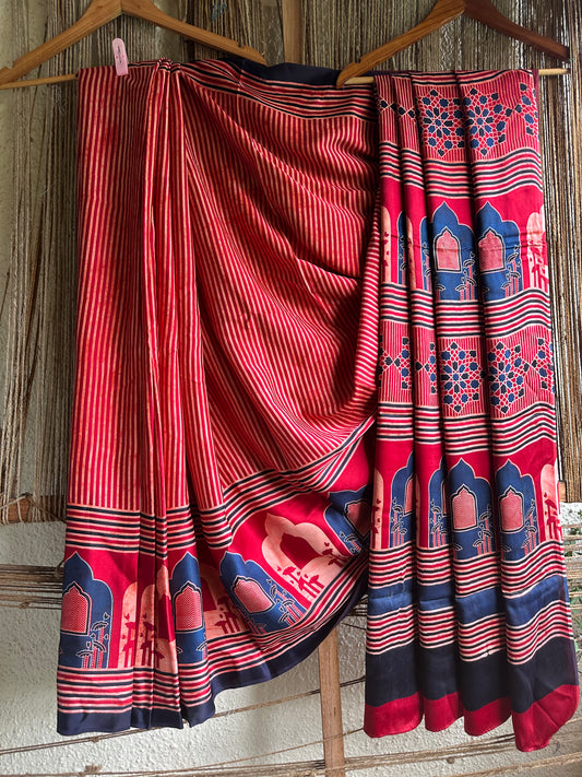RED MAROON CONTEMPRORAY AJRAKH MODAL SILK SARI