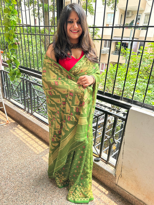PINE GREEN MULL HANDLOOM COTTON JAMDANI WOVEN SARI