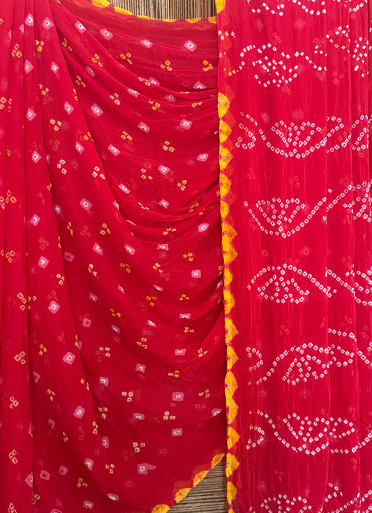 Poppy Red Bandhani handcrafted chiffon sari